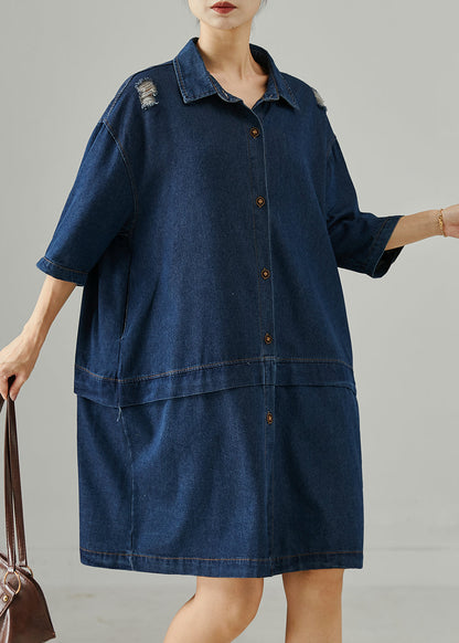 Navy Oversized Patchwork Denim Ripped Dresses Summer