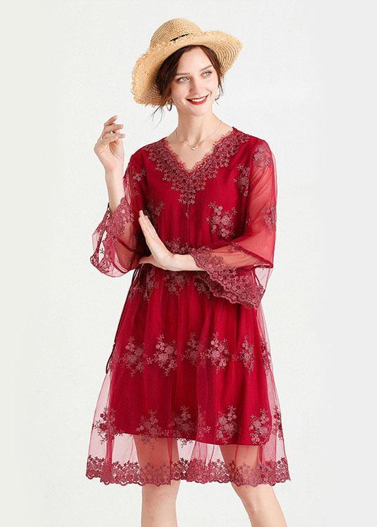 Fine Mulberry V Neck Jacquard Spring Three Quarter Sleeve Dress