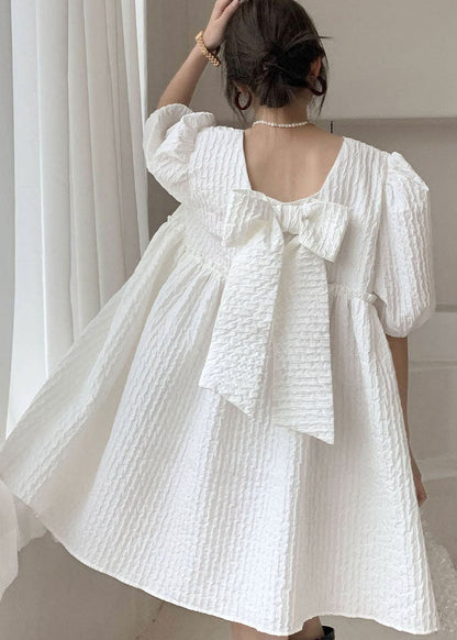 White Ruffled Bow Patchwork Cotton Vacation Dress Spring