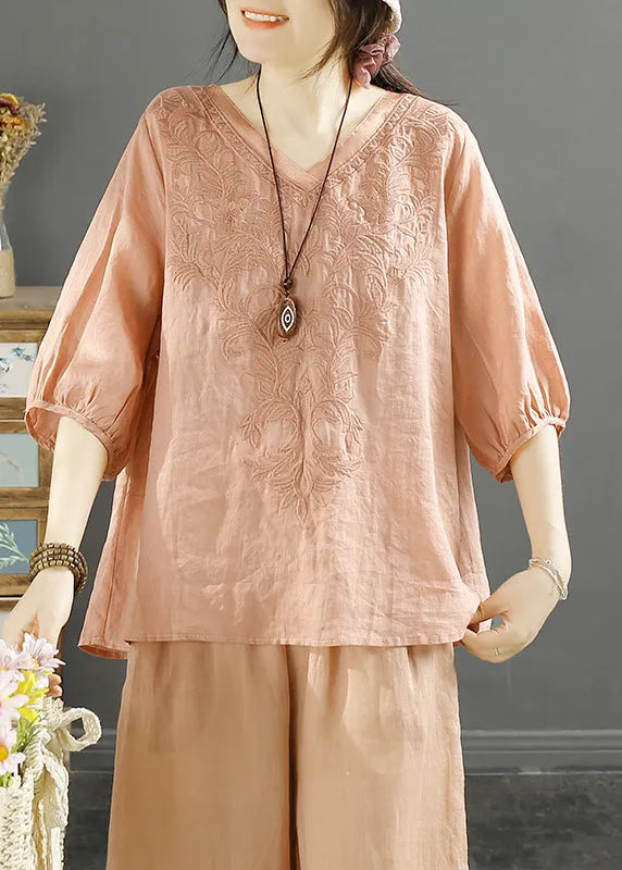 Original Orange V Neck Embroideried Tulle Patchwork Linen Top Summer