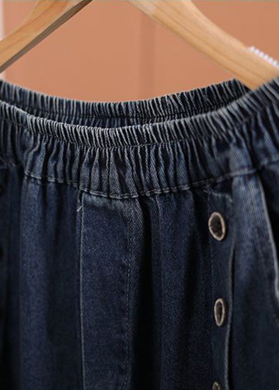 Blue Pockets Elastic Waist Denim Pants Fall