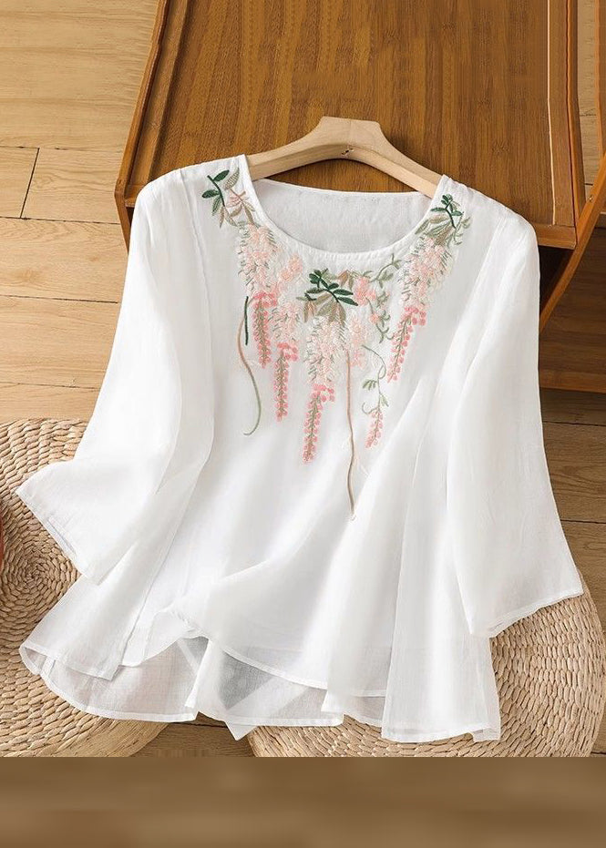 Loose Pink Embroidered Linen T Shirt Bracelet Sleeve