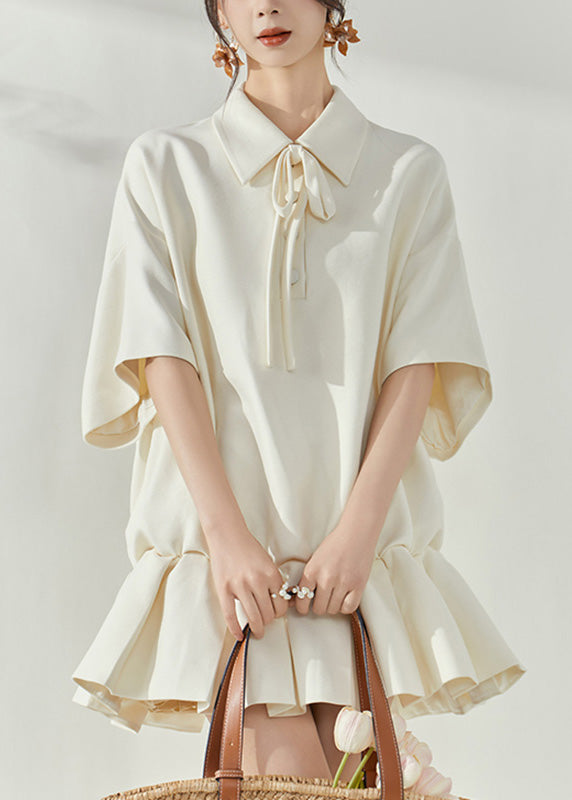 White Peter Pan Collar Tie Lace Mid Dresses Short Sleeve