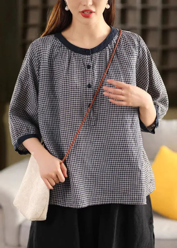 Organic Blue Oversized Plaid Linen Shirts Summer