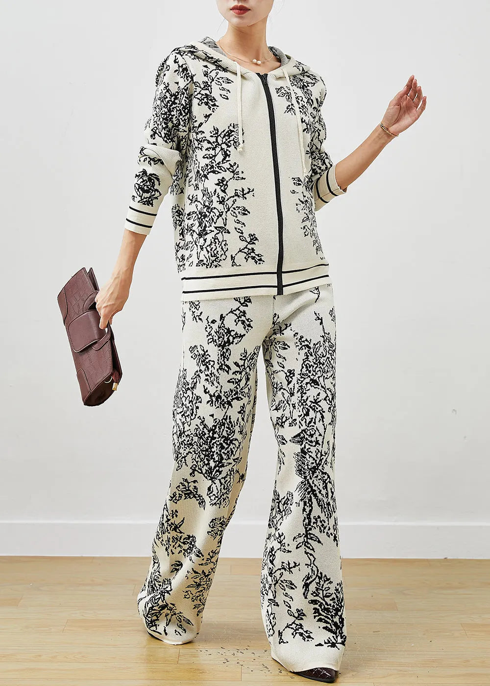 Style White Hooded Print Knit Sets 2 Pieces Spring