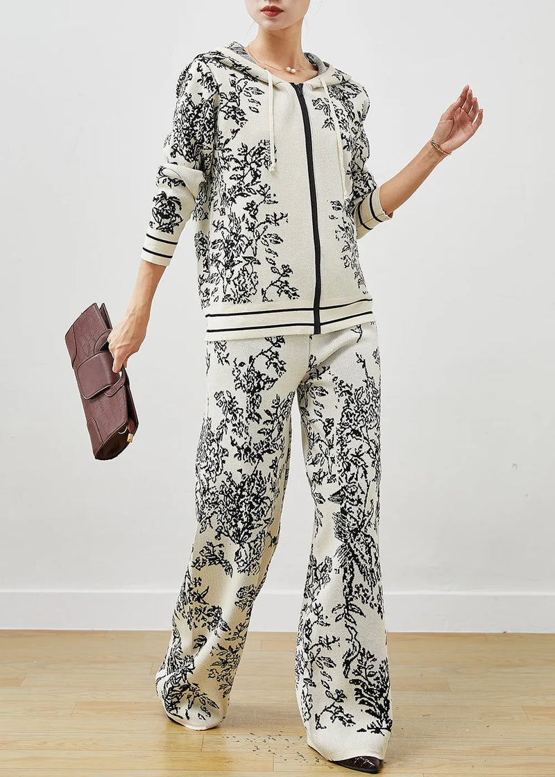 Style White Hooded Print Knit Sets 2 Pieces Spring