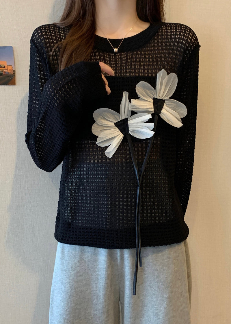 French Black O Neck Hollow Out Knit Top Spring