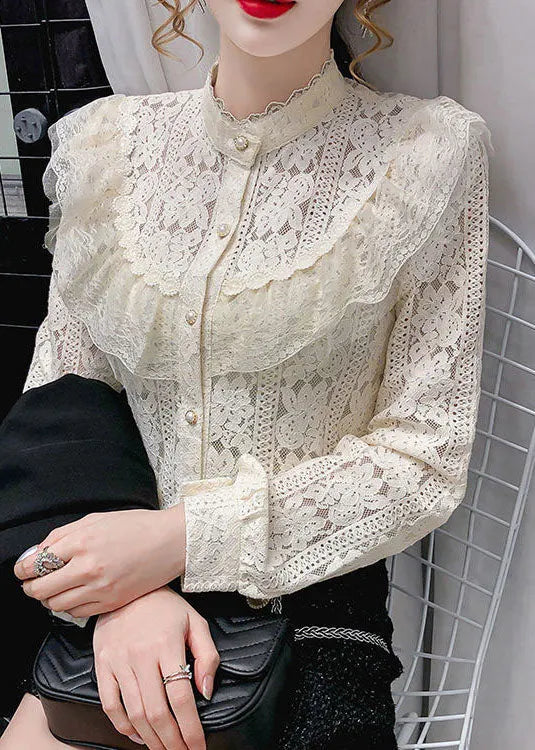 Modern Beige Hollow Out Patchwork Lace Top Long Sleeve
