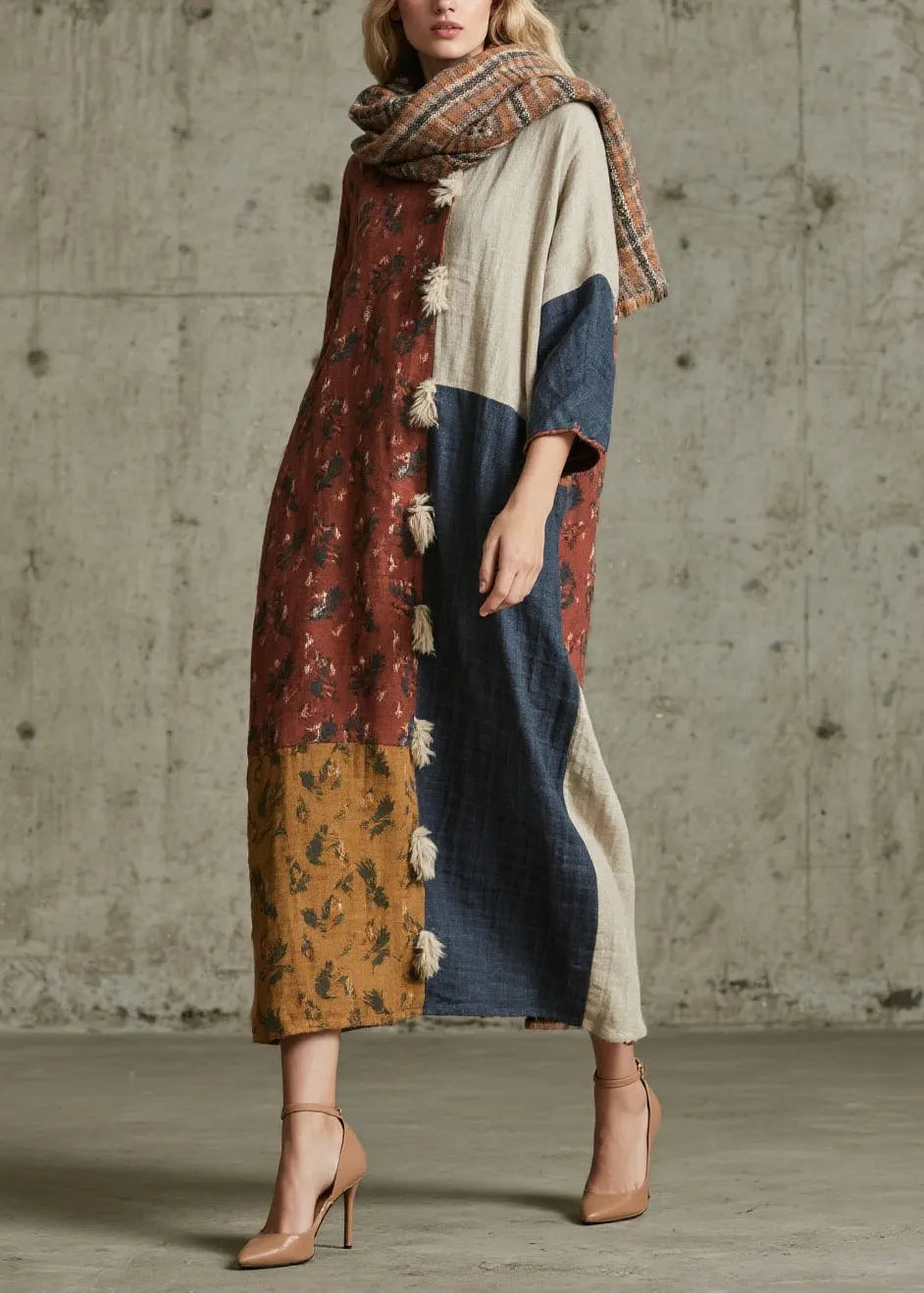 Print Patchwork Cotton Maxi Dresses Fall