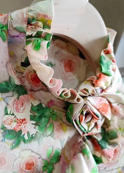 Apricot Patchwork Silk Top Ruffled Long Sleeve