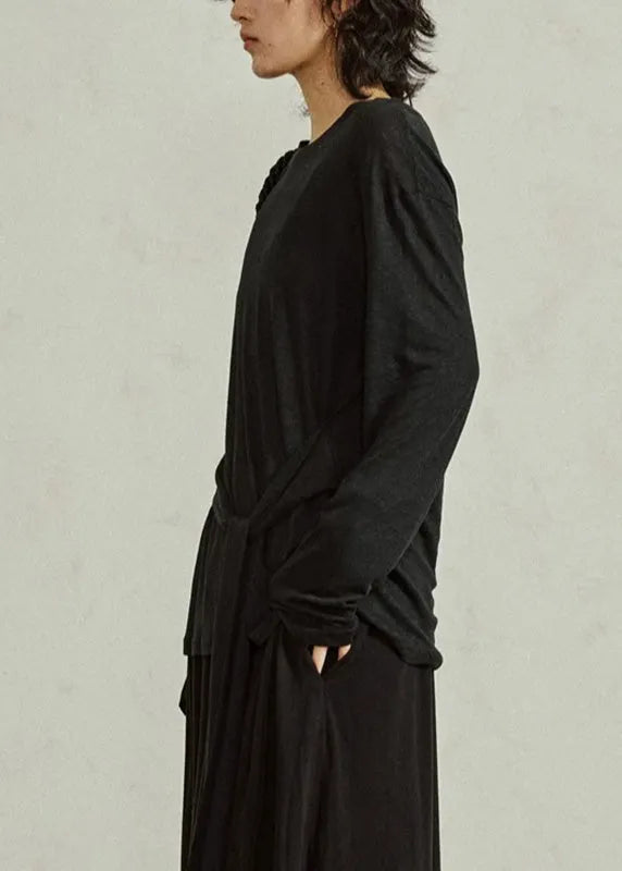 Black O-neck Tie Waist Tops Fall