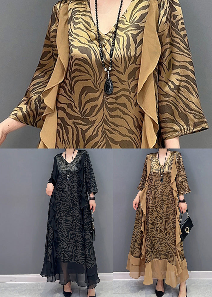 Black Patchwork Silk a Line Dress Ruffles Zebra Pattern Summer