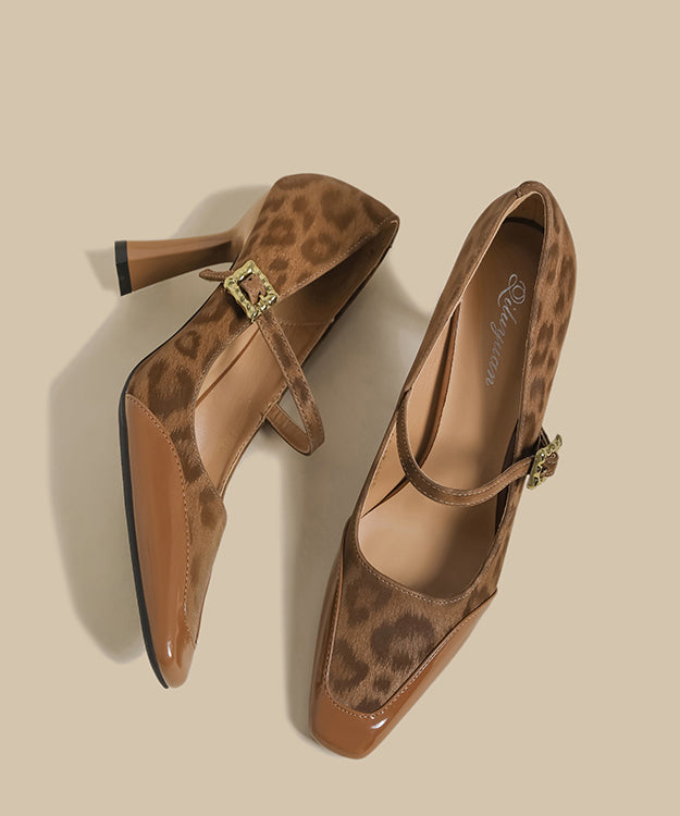 Brown Leopard Buckle Strap Splicing Stiletto High Heels Shoes