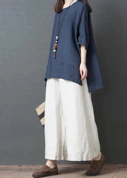Handmade Blue Linen Cotton Low High Design Shirt Top