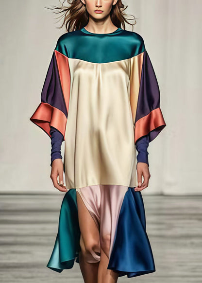 Colorblock Oversized Patchwork Side Open Silk Dress Summer
