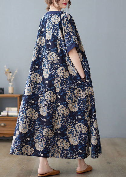Navy Oversized Print Cotton Vacation Dresses Summer