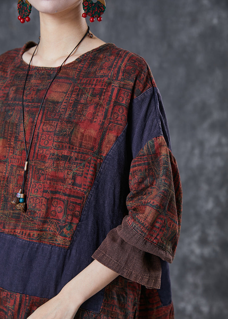 Colorblock Oversized Patchwork Linen Blouses Fall