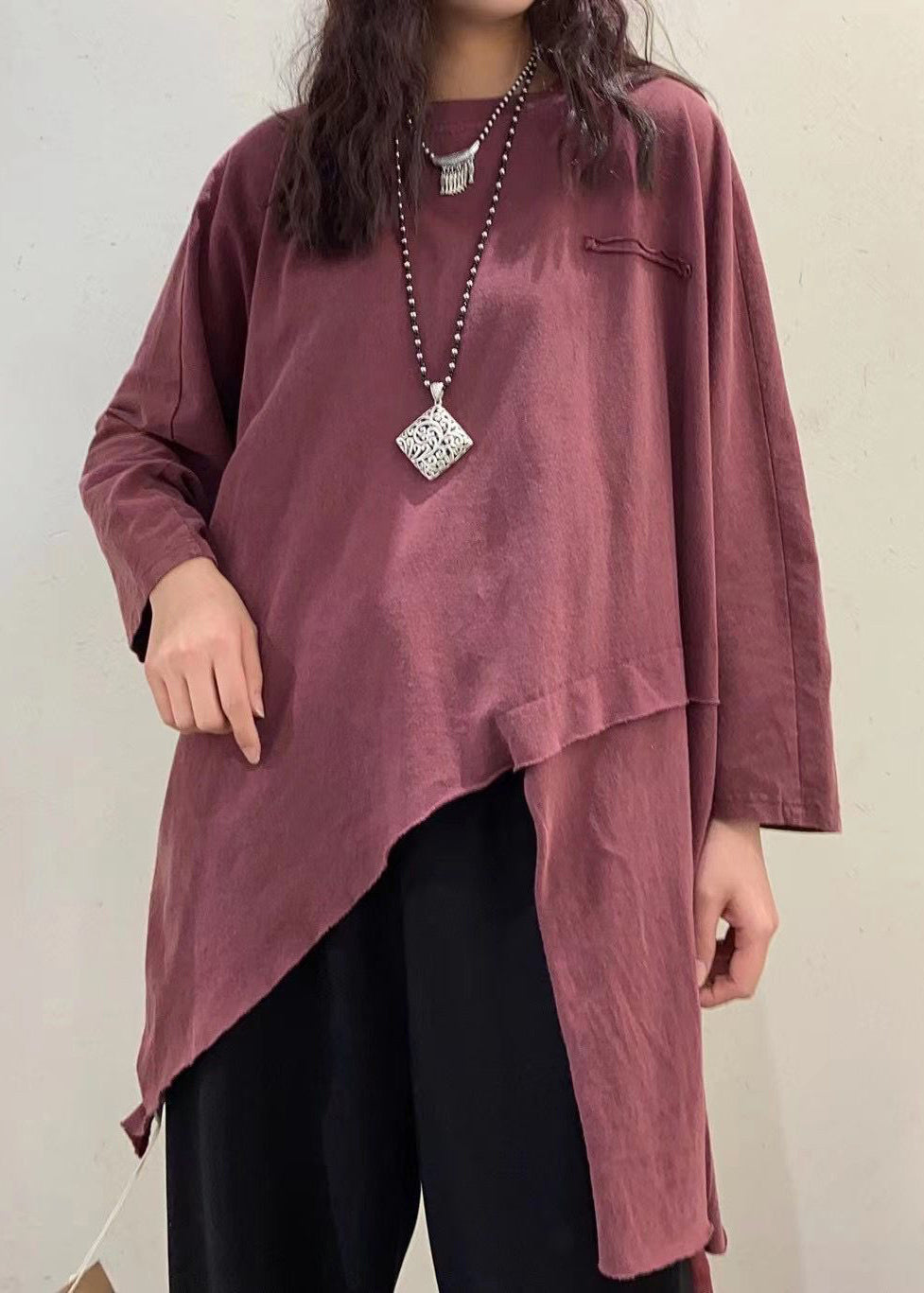Red O-neck Asymmetrical Design Cotton Top Long Sleeve