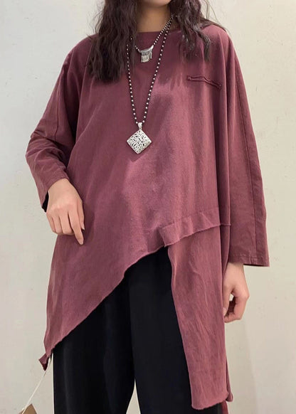 Red O-neck Asymmetrical Design Cotton Top Long Sleeve