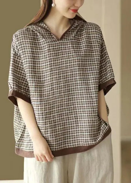 Navy Hooded Plaid Linen Shirt Tops Summer