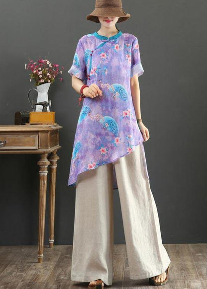 Purple Print Linen Asymmetrical Design Shirt Summer