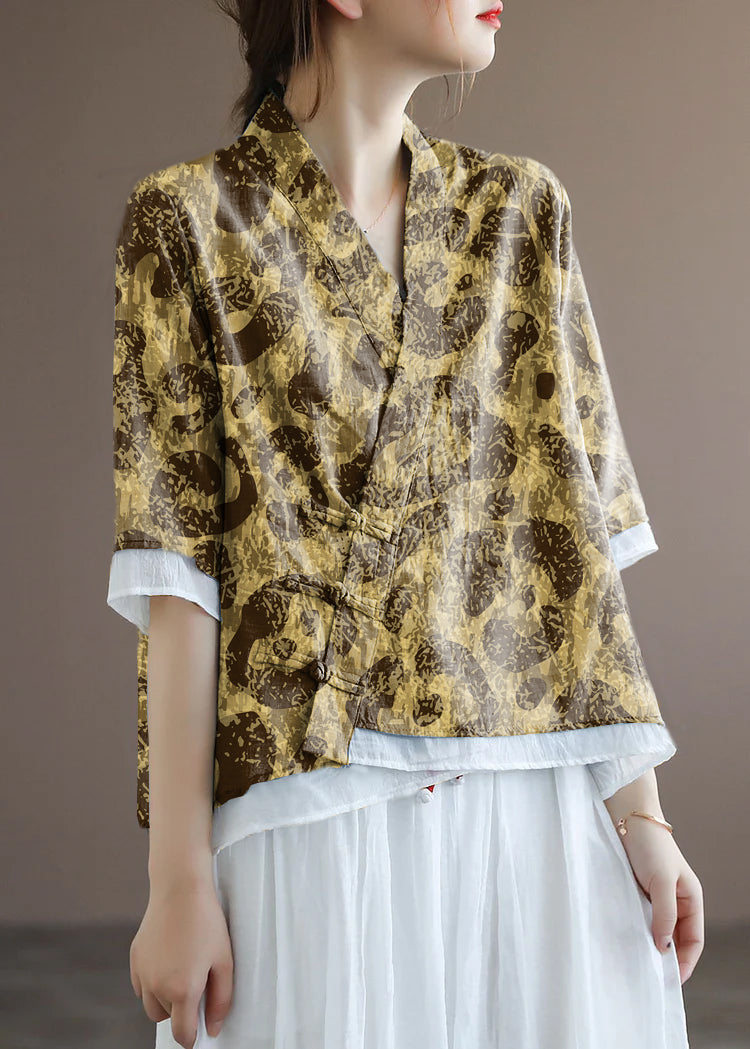 Chinese Style Lake Yellow Leopard Print V Neck Double-deck Cotton Top Half Sleeve