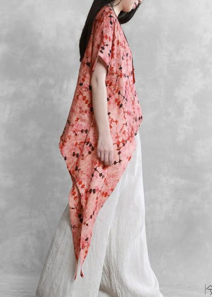 Retro Red O-neck Print Asymmetrical Tie Waist Linen Top Short Sleeve