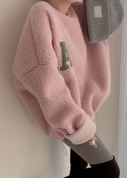 Loose Pink O Neck Letter Teddy Pullover Winter