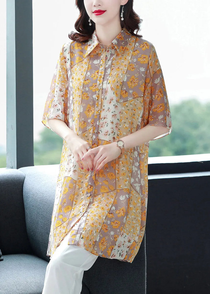 Orange Peter Pan Collar Print Button Chiffon Blouse Top Half Sleeve