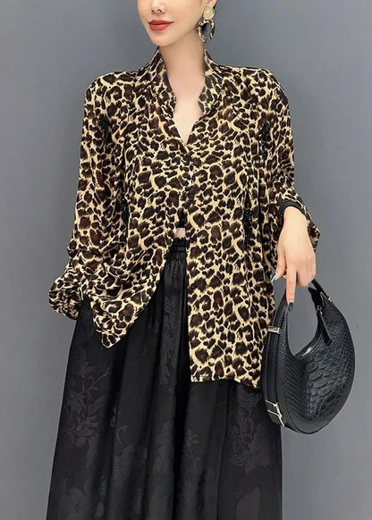 Leopard Stand Collar Asymmetrical Design Tops Fall