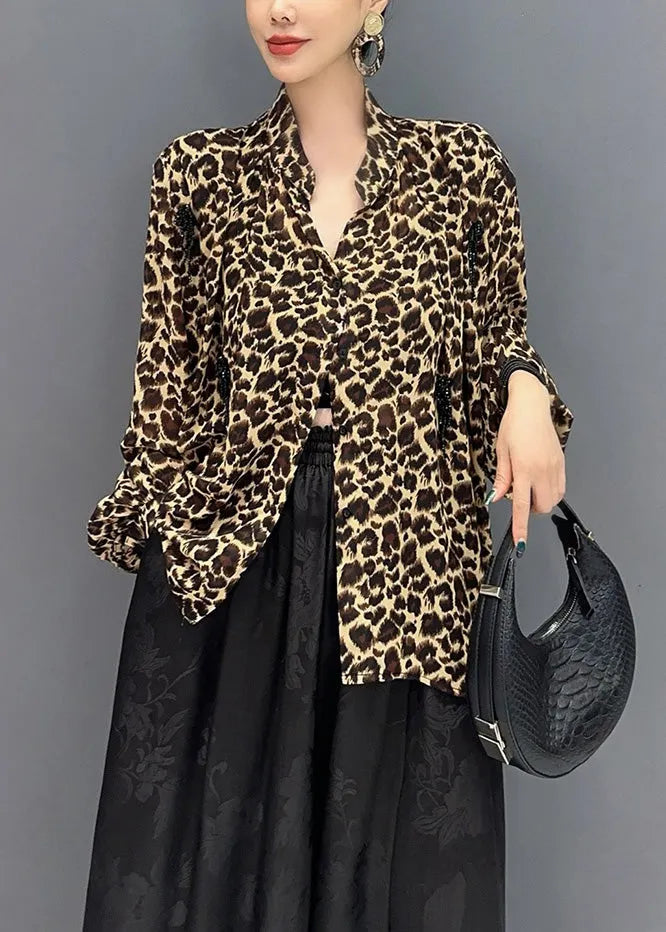 Leopard Stand Collar Asymmetrical Design Tops Fall