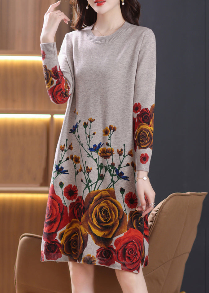 Camel Side Open Cozy Wool Knit Dress O-neck Spring