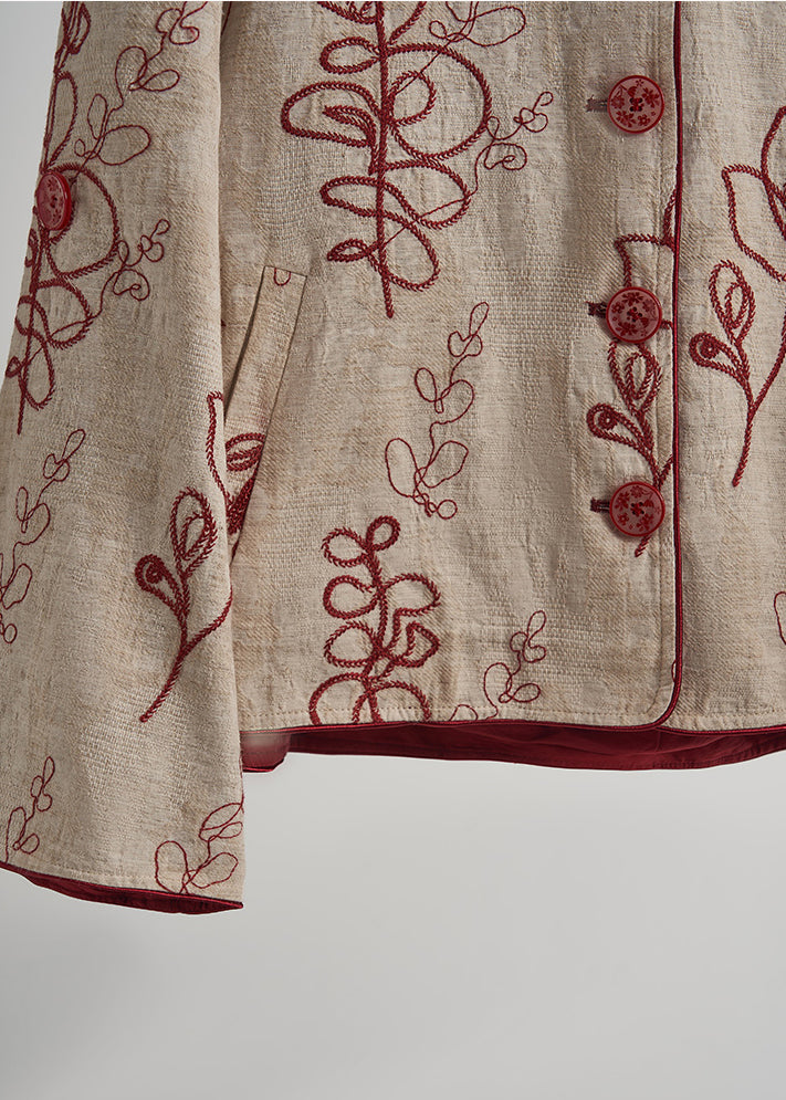 Beige Embroidered Pockets Linen Coats Fall