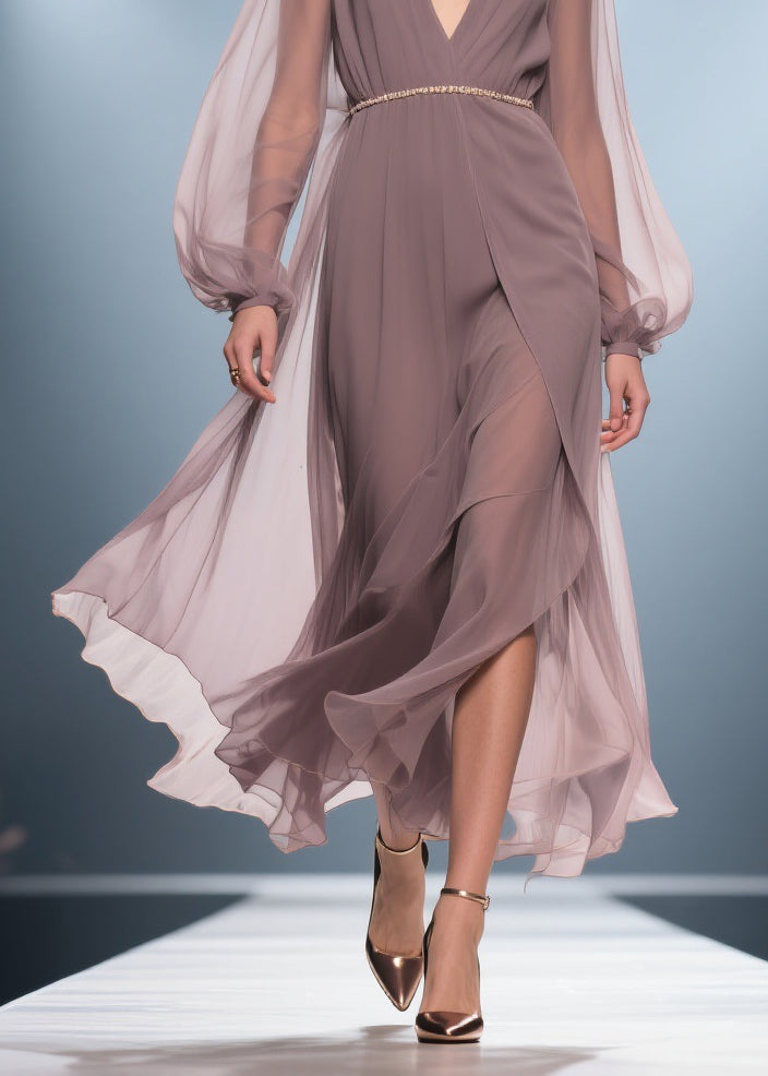 Stylish Soft Misty Purple Gray V Neck Wrinkled High Waist Chiffon Long Dresses Summer