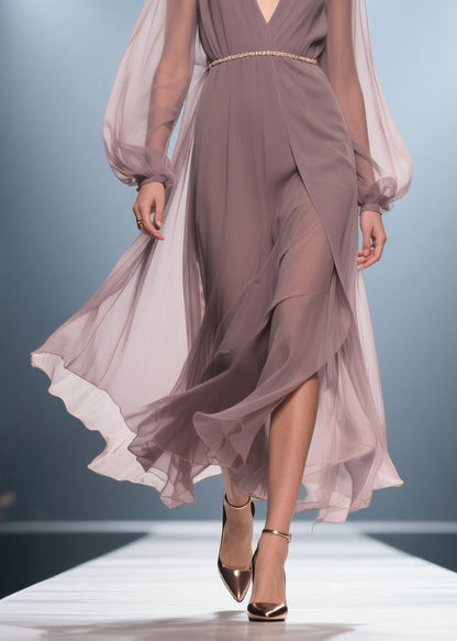 Stylish Soft Misty Purple Gray V Neck Wrinkled High Waist Chiffon Long Dresses Summer