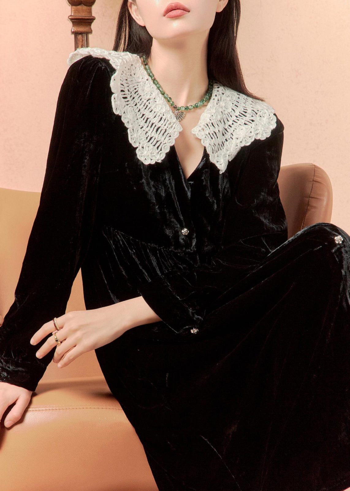 Italian Black Button Patchwork Silk Velour Shirts Dress Winter