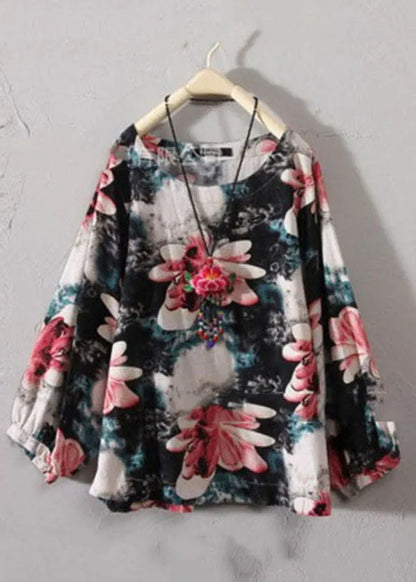 Red O-neck Print Cotton Top Long Sleeve
