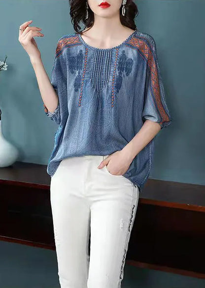 French Blue O-neck Embroideried Cotton Shirt Top Lantern Sleeve