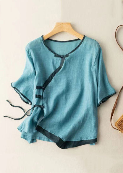 Pink Asymmetrical Button Patchwork Cotton Shirt Summer