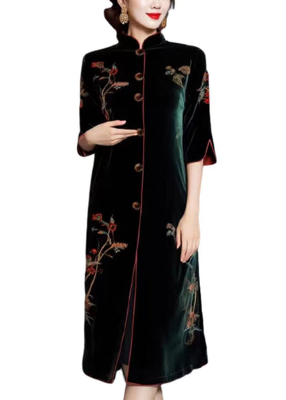 Blackish Green Embroideried Button Silk Velour Dress Long Sleeve