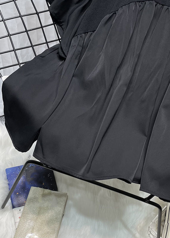 Black Patchwork Loose Chiffon Tops O Neck Flare Sleeve