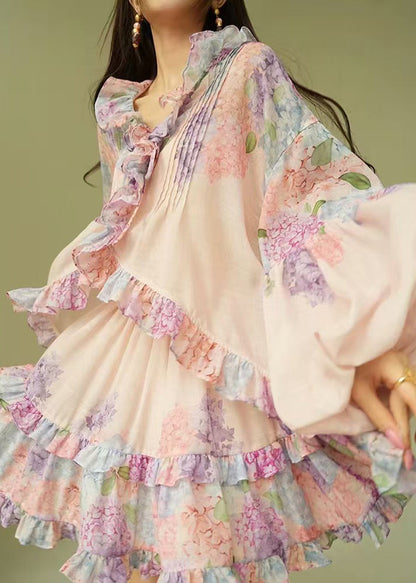 Loose Pink Ruffled Print Shirts and Skirts Cotton Two Piece Set Puff Sleeve