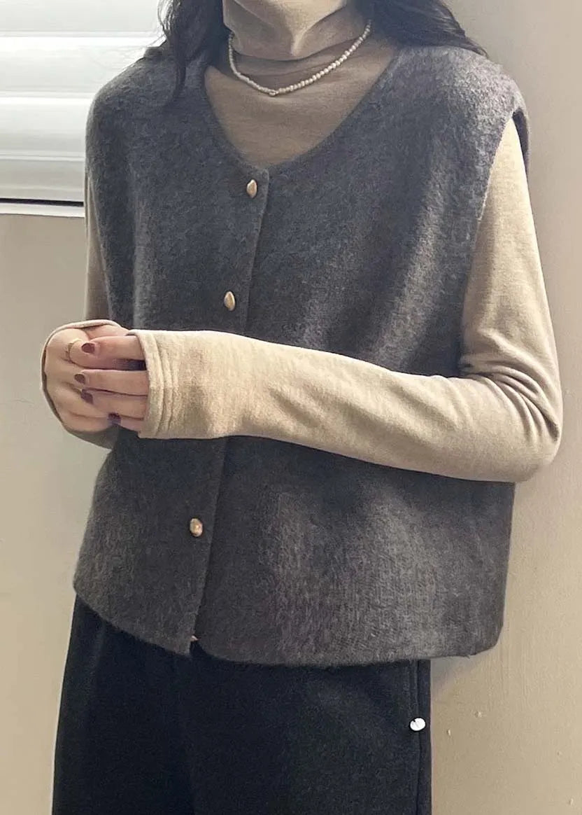Khaki O Neck Button Knit Vest Tops Sleeveless