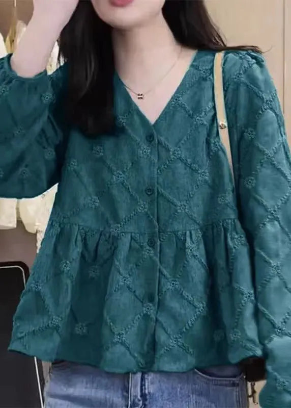 New Rose V Neck Button Patchwork Cotton Shirt Fall