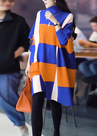 Stylish Colorblock Hign Neck Woolen Knit Dress Batwing Sleeve Spring