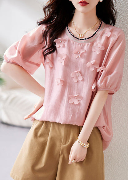 Pink Knit Patchwork Chiffon Shirt Summer