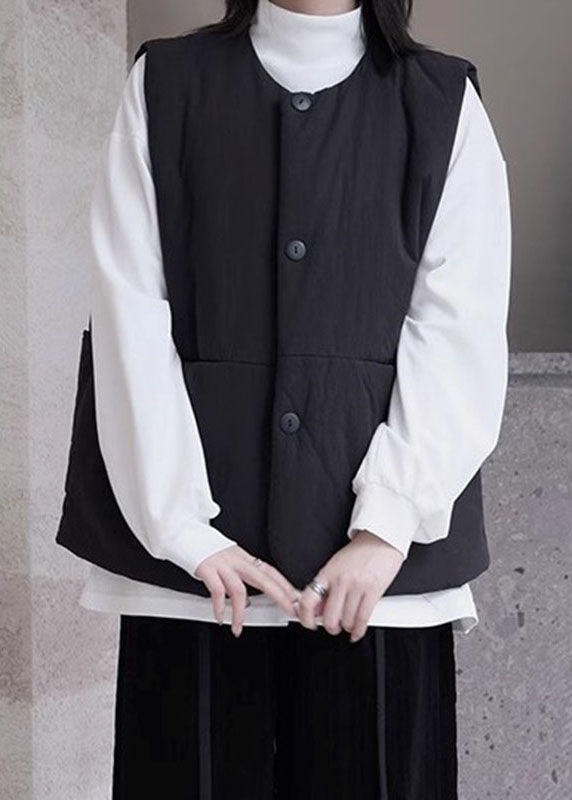 Organic Black O-neck Pockets Button Thick Warm Waistcoat Winter