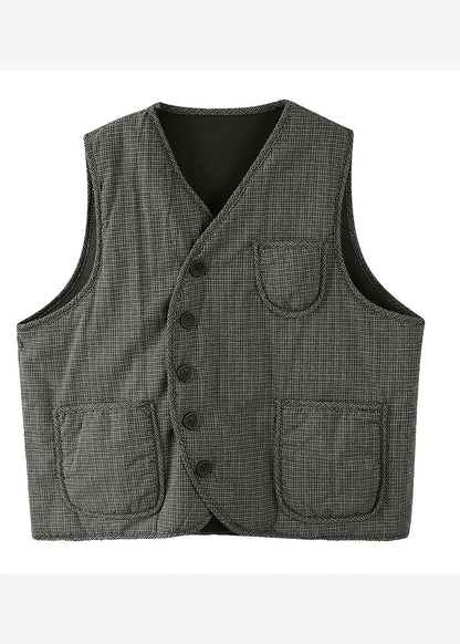 Black V Neck Plaid Pockets Fine Cotton Filled Vest Sleeveless