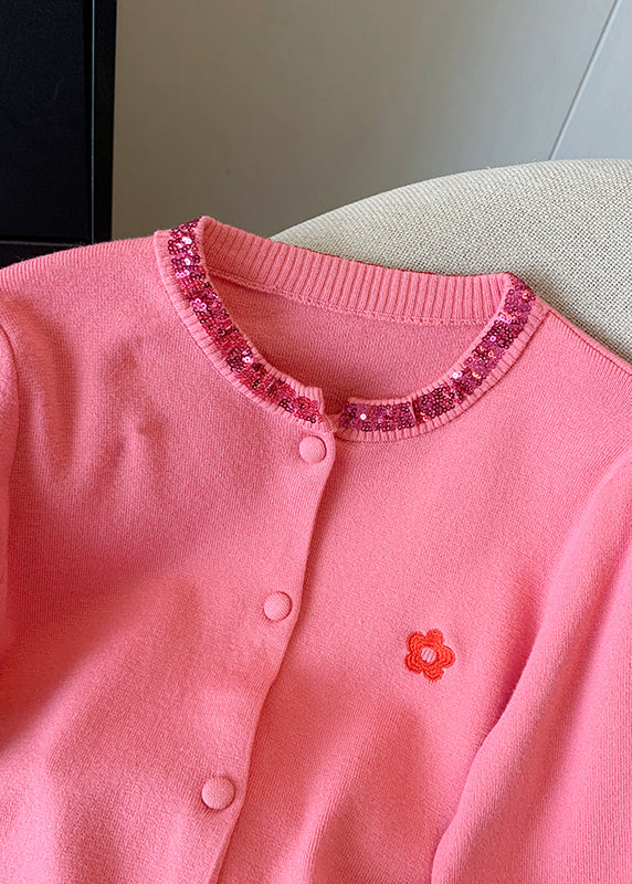Pink Embroidered Sequins Cotton Knit Cardigans Fall