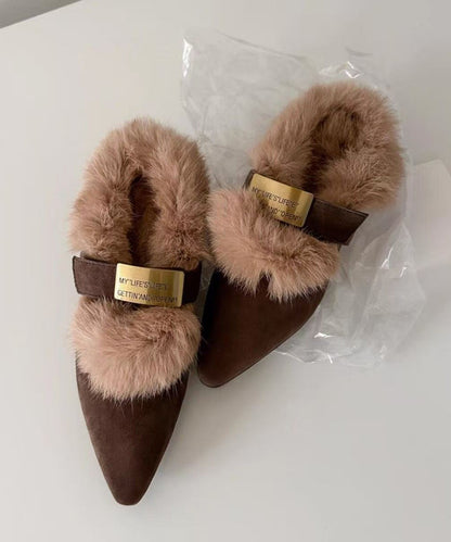 Brown Suede Splicing Chunky Heel Fuzzy Wool Lined Pointed Toe